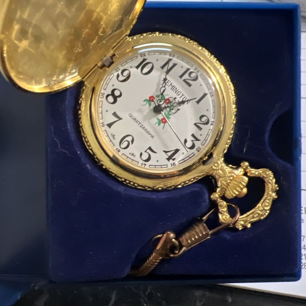 VTG Remington Quartzarama Pocket Watch w/ 12" Chain- NIB Tested- Working